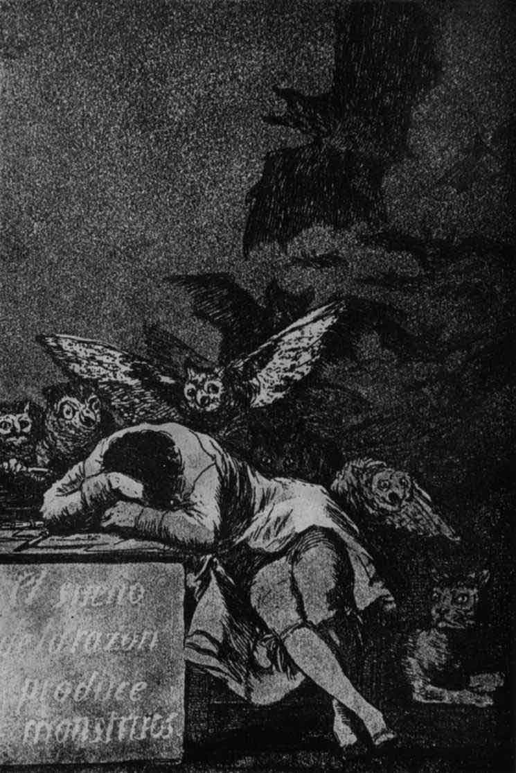 The Sleep of Reason Produces Monsters. (El sueno de la razon produce monstruos). 179. From the series Los Caprichos, plate 43. Etching and aquatint. 