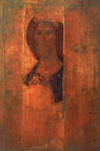 Спас. Фрагмент иконы из Деисусного, так называемого Звенигородского чина. 1410-е.Яичная темпера.