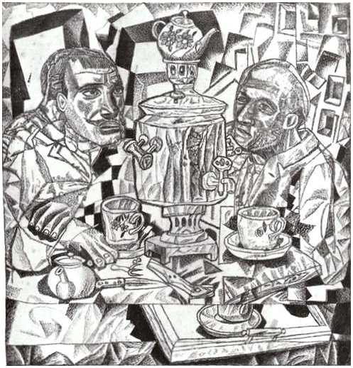 Хозяева, 1913<br>Акварель, тушь, карандаш на бумаге<br>The Yard-Keepers<br>Watercolor, Indian ink, brush, graphite pencil on paper. The Russian Museum<br>16.1x16 cm 